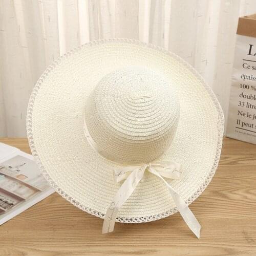 Bowknot Ribbon Lace Belt Straw Hat Tea Party Dress Up Beach Pool Floppy Sun Hat Outdoor Garden Summer Party