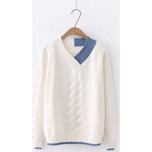 PERHAPS U Women Sweater Knitted Pullovers Hit Color V Neck Long Sleeve Autumn Winter M0235