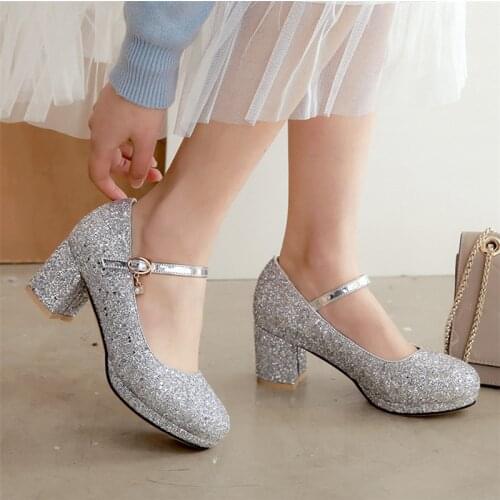 Mary Jane Platform Shoes Women Pumps High Heel Bling Glitter Ladies Shoes Elegant Sequins Block Heel Dress Wedding Shoes Bridal