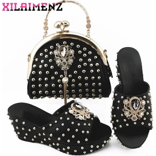 Black Color Wedges Slipper with River Sweet Style New Design Italian Women Shoes and Bag Set with Shinning Crystal for Wedding