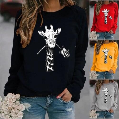 Giraffe Holding Rose Printed Hoodies Women Fleece Long Sleeve O Neck Loose Sweatshirt Girls Women Hoodie Pullovers Winter