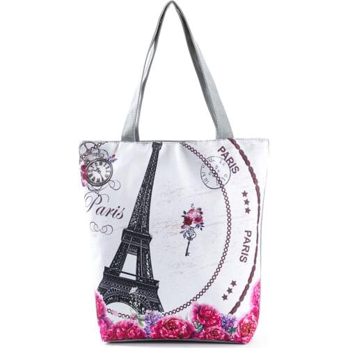 Fashion Art Trend Paris Tower Womens Bags Eco Reusable Linen Building Printed Bag Open Pockets Floral Shopping Bag All-Match