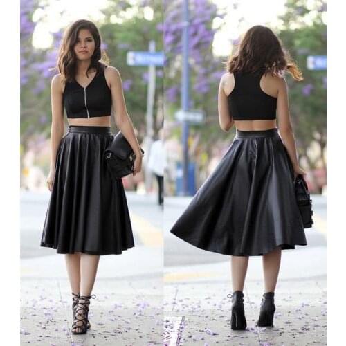 Customize Summer Women Plus Size XXS-8XL Long Black Faux Leather Flared Pleated Skirt Casual Woman High Waist Midi Skirts Saias