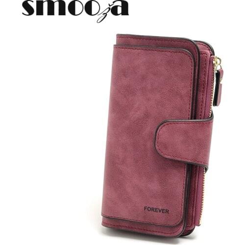 SMOOZA Solid PU Leather Women Wallets High Quality Designer Zipper Long Wallets Red Pink Card Holder Ladies Purse Money Bag