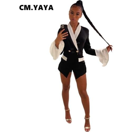 CM.YAYA Women Blazers Patchwork Full Flare Sleeve Notched Collar Double Breasted Slim Blazers Office Lady Fashion Clothing Fall
