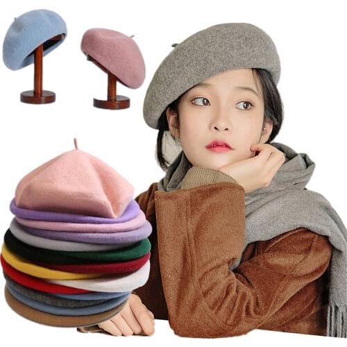 French Style Solid Casual Vintage Womens Hat Beret Plain Cap Girls Wool Warm Winter Berets Beanie Hats Femme Aldult Caps
