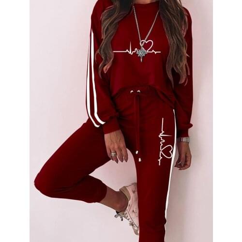 2021 2 Piece Set Spring Autumn Tracksuit Womens Striped Loose Print Sweatshirt+Pants Suit Sportswear Outfits Female Clothing