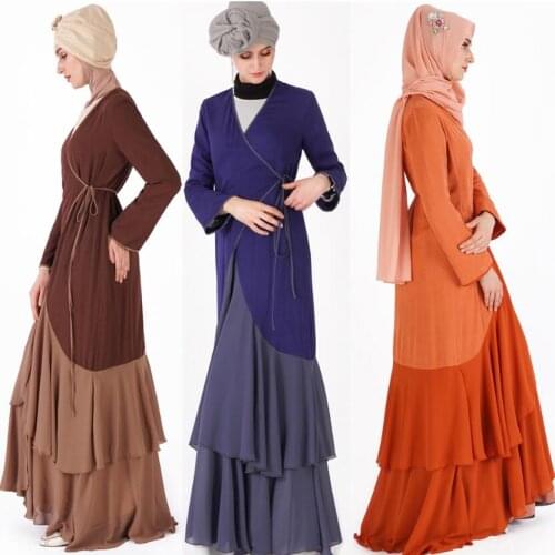 Muslim Products Lehenga Robe Dresses for Women Stitching Color Cardigan Hijab Open Abaya Takchita Marocain Kafta Pakistani Dress