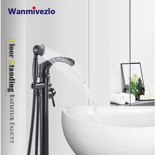 Black Bathtub Faucet Standing Bathroom Waterfall Mixer Tap Dual Handle With Handshower Floor Mounted Bath Shower Faucets