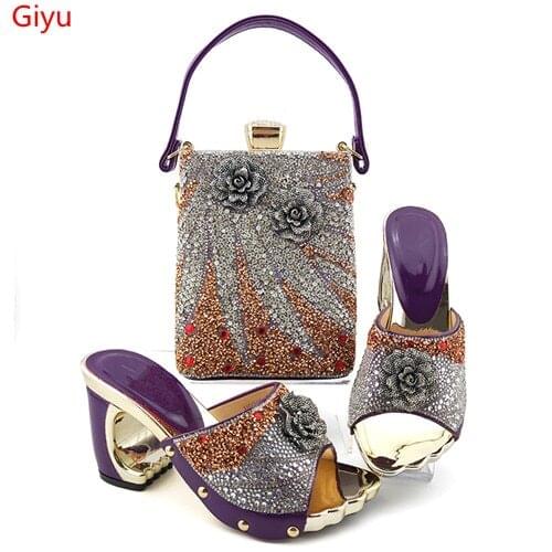 Doershow New Arrival African Wedding Shoes and Bag Set purple Italian Shoes with Matching Bags Nigerian Women party! SYG1-7