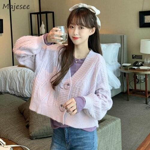 Cardigan Women Solid Retro Autumn Lantern Sleeve Harajuku Loose Casual Sweater Jumper Twist V-Neck Streetwear Elegant Femme Chic