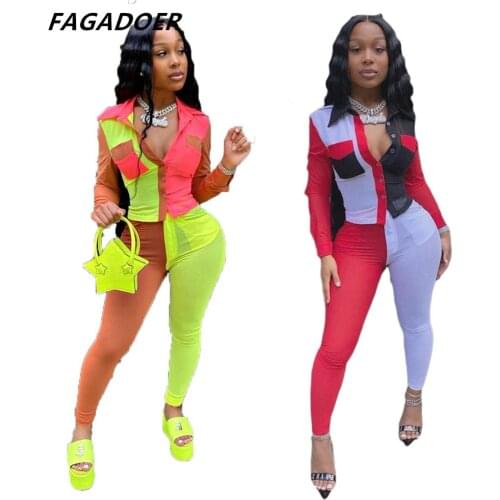 FAGADOER Neon Color Patchwork Two Piece Set Women Button Up Full Sleeve Top And Leggings Outfits Autumn Club Birthday Tracksuits