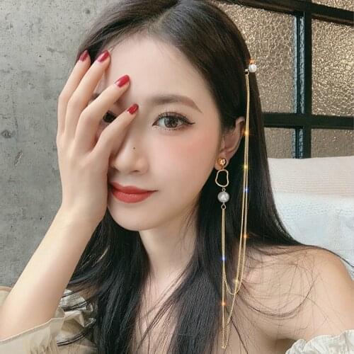 Korean Earrings Fashion Jewelry Hairpin Brincos Long Tassel Simulation Pearl Earrings Side Clip Earrings For Women Wholesale