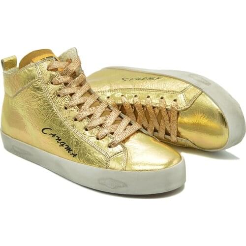 CANGMA Luxury Brand Mens Shoes Designer Platform Sneakers Gold Patent Genuine Leather Shoes Mid Male Sneaker