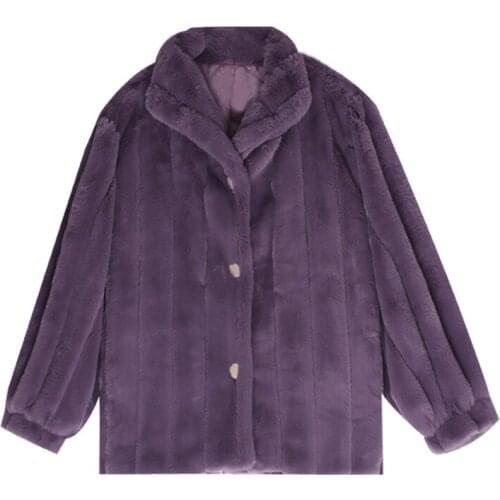 PERHAPS U Women Purple Solid Faux Fur Jacket Outwear Button Warm Thick Solid Turn Down Collar C0274