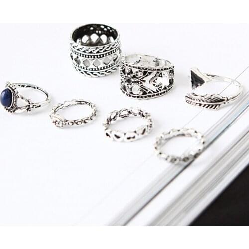 Hot Vintage Beach Ring Sets Nature Blue Stone 7pcs/set Finger Rings For Women Men Jewelry Triangle Hollow Love Tail Rings