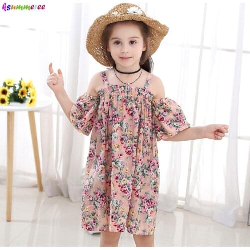 Fashion Floral Girls Summer Dress Kids Cotton Sleeveless Casual Sundress Teenage Strapless Clothes Princess Dress