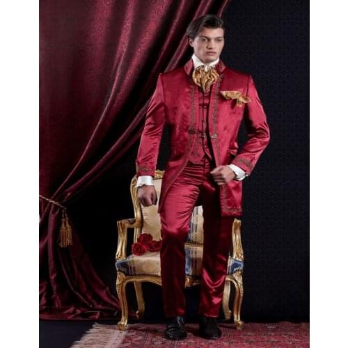 2019 Red Embroidery Mens Suit Prom Groom Tuxedos Groomsmen Wear Wedding Suits For Men Stylish 3pieces(Jacket+Pant+Vest)