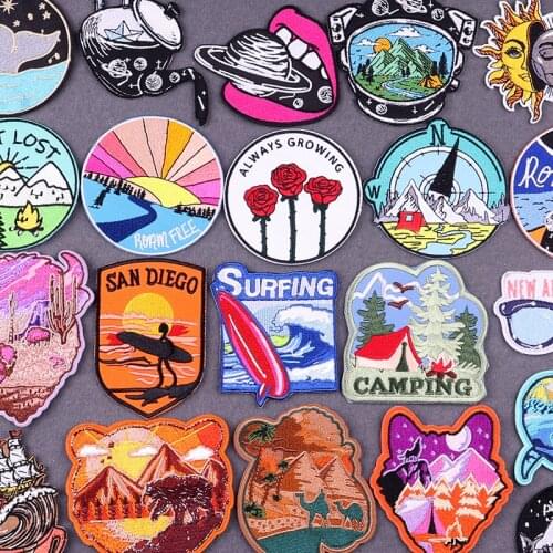 Camping Surfing Iron On Patches On Clothes Stripes DIY Mountain Clothing Stickers Wilderness Embroidered Patches For Jacket