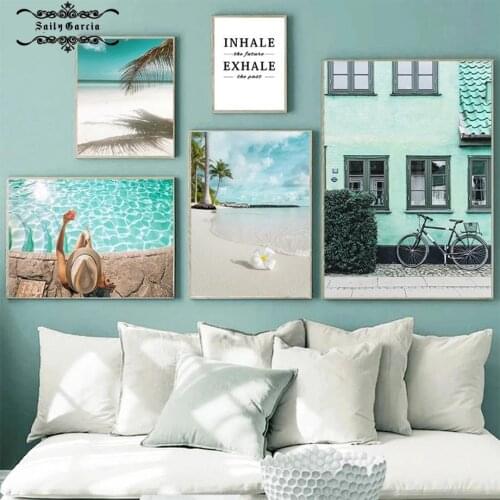 Sea Beach Palm Swimming Pool Woman Flower Wall Art Canvas Painting Nordic Posters and Prints Wall Pictures for Living Room Decor