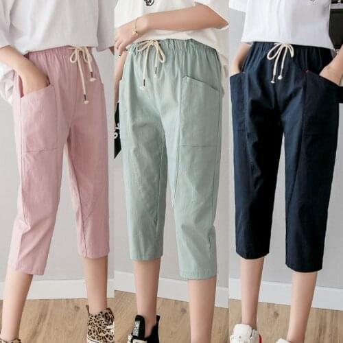 2021 New Cotton Linen Cropped Trousers Pants Summer High Waist Thin Section Fashion Womens Bandwidth Loose Casual Pants Pink
