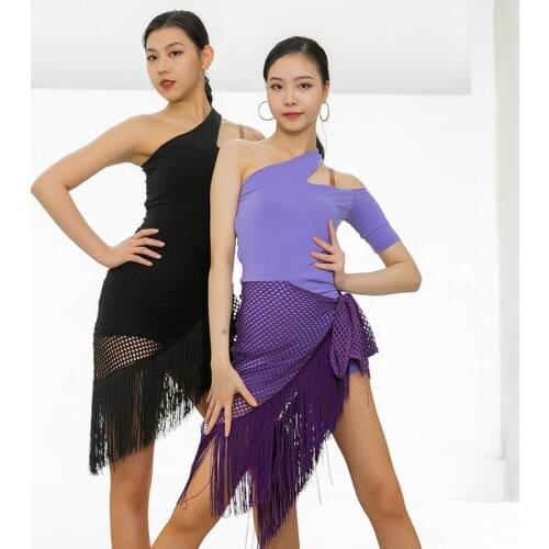 Latin Dance Costumes Women Long Sleeve Mesh Fringe Black Dress Female Ballroom Dance Competition Clothes Samba Clothing DWY4798
