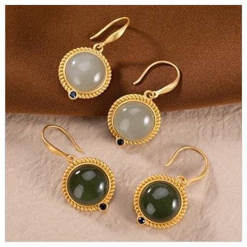 New silver inlaid natural Hetian Sapphire Round Earrings Chinese style retro court elegant light luxury charm womens jewelry