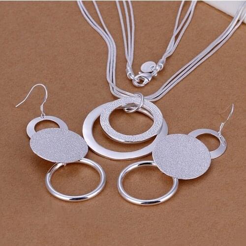 New Christmas gift retro double matte O-shaped geometric pendant necklace Drop Earrings fashion Silver color jewelry sets S017