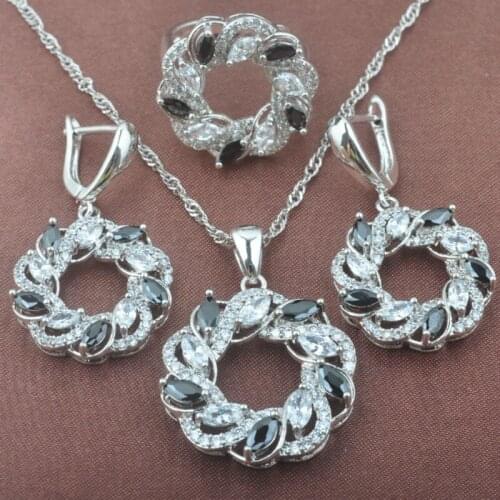 Captivating Black & White Zircon Womens Silver Color Jewelry Sets Necklace Pendant Earrings Ring TZ0377