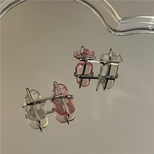 Origin Summer Romantic Transparent Pink Color Crystal Earring Hollow Geometric Metal Contrast Color Stone Drop Earrings Gift