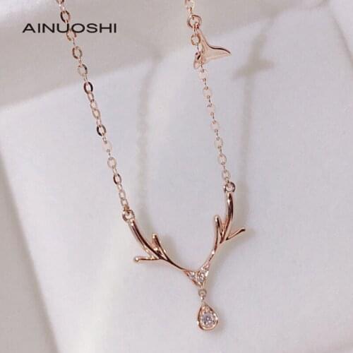 AINUOSHI Handmade 18K Gold Round Cut 0.023ct Diamond Fashion Antler Necklace Christmas Surprise Jewelry Gift For Women 18