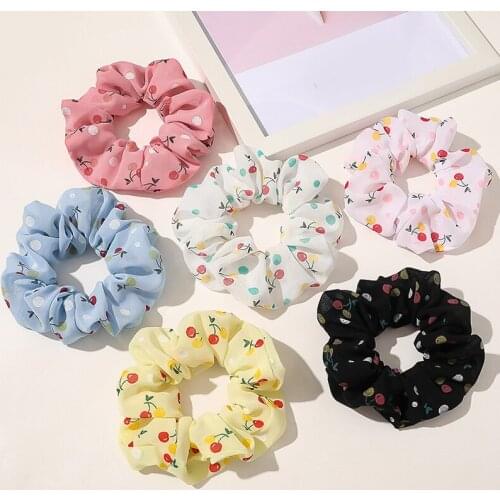 Chiffon Flower Scrunchie Cherry Strawberry Print Elastic Hair Bands Hair Ring Ponytail Holder Hair Tie Girls Hair Accessories