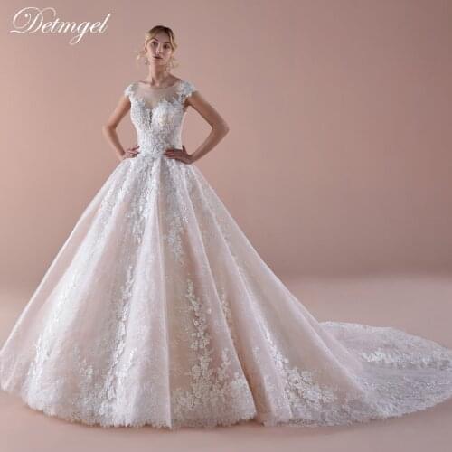 Detmgel Luxury Scoop Neck Beaded Cap Sleeve Lace A-Line Wedding Dress 2020 Gorgeous Appliques Court Train Princess Wedding Gown