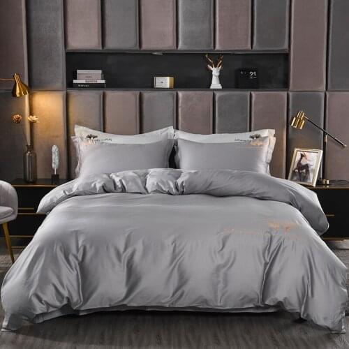 Luxury Gray Cotton Embroidery Bedding Set High Density Satin Duvet Cover Set Bed Linen Pillowcase Home Textile King Queen Size