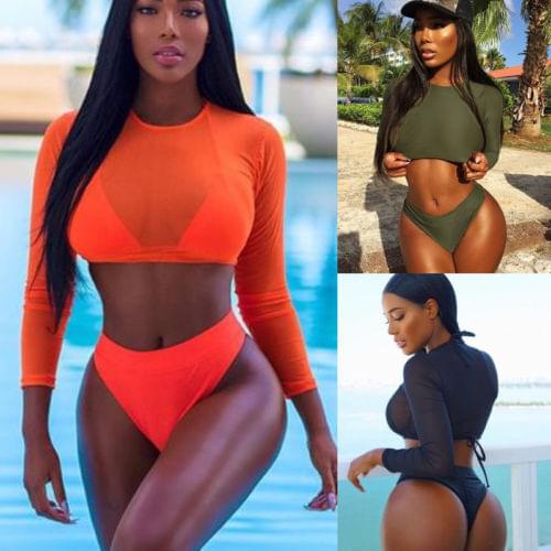 Sexy Mesh Sheer 3 Pieces Swimsuit Women Solid High Waist Bikini Set Push Up Swimwear Bra+Bottom+Cover Ups Bathing Suit