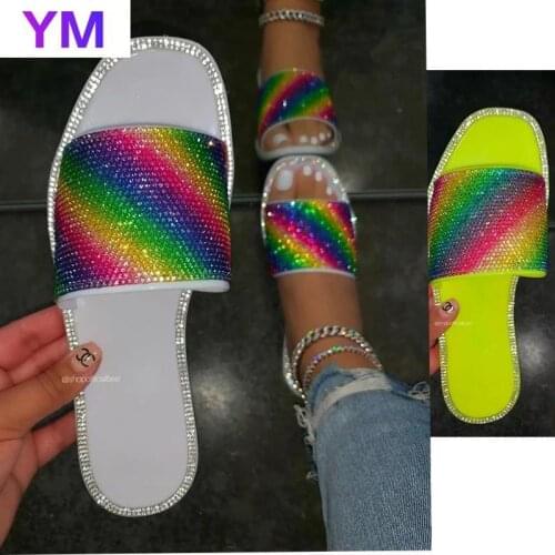 Slippers Women Summer Crystal Luxury Slides Square Toe 2021 Designer Flat Rubber Basic Zapatillas Casa Mujer Sapato Feminino 43