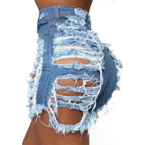 Light Blue Ripped Cut Out Denim Shorts Streetwear High Waist Holes Slim Denim Hollow Out Sexy Hole Jean Shorts Female Plus Size