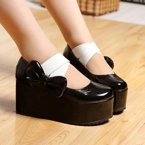 High Heels Pumps Lolita Goth Cosplay Shoes Woman Wedges Heels Platform Bow Thick Bottom Japanese Student Uniform Shoes Big Size