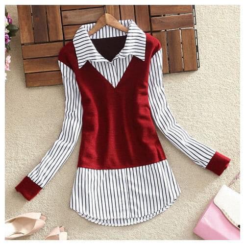 Women 2021 Autumn Winter New Fashion Patchwork Striped Shirt Fashion Fake Two Piece All-match Femme Blusas Chic Slim Blouses E13