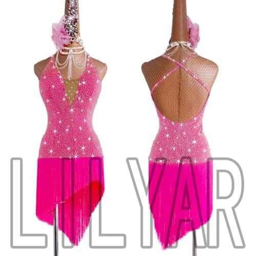 New latin dance skirt women short dress performance costume performance hot pink tassel hem flashing diamond latin dance dress