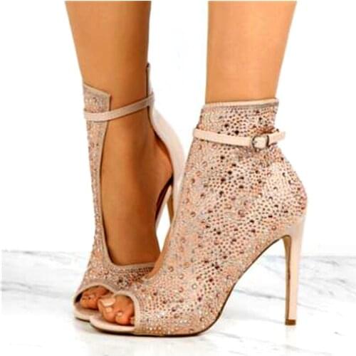Summer Women Satin Rhinestone Drilled Side Cut out Peep Toe Ankle Boots Ankle Strap Ladies Crystal High Heel Stiletto Boots