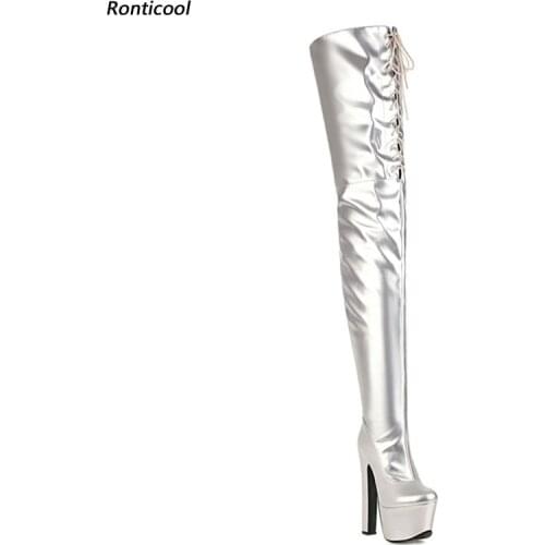 Ronticool Handmade Women Thigh High Boots Square High Heels Round Toe Gorgeous Black Red Silver Club Shoes Women Us Size 5-14