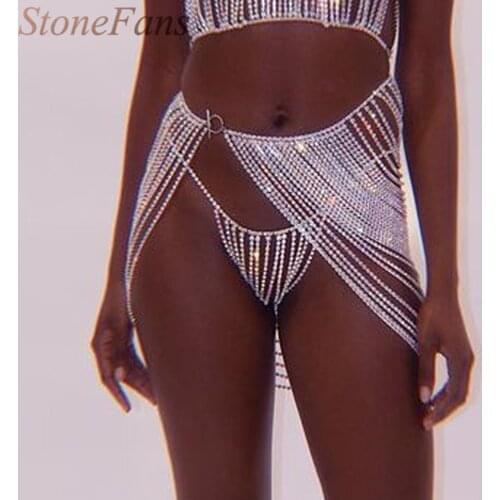 StoneFans Multi-Layer Bodysuit Derss Women Sexy Thong Rhinestone Bikini 2021 Festival Body Jewelry Wholesale Waist Belly Chains