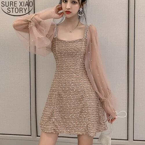 Beading Mini Dress Sweet Women Mesh Dress 2020 Autumn Fashion Korean Square Collar Street Pink Ladies Long Sleeve Dresses 9589