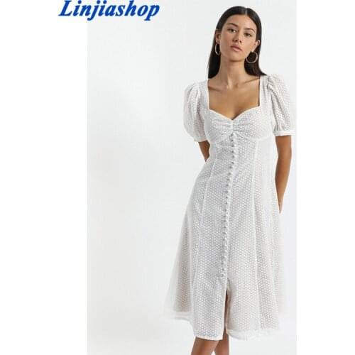 Women Summer Dress Casual White Long Vestido Vintage Square Collar Buttons Dress Fashion Short Sleeve