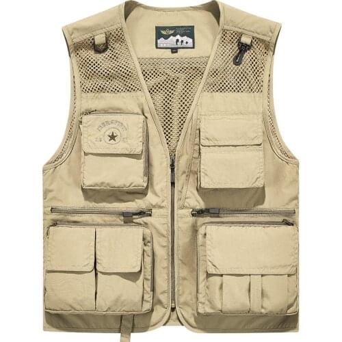 Summer Vest Men Collarless Mesh Breathable Sleeveless Jacket Multi-pockets Tactical Vest Outdoor Fishing Photography Waistcoat