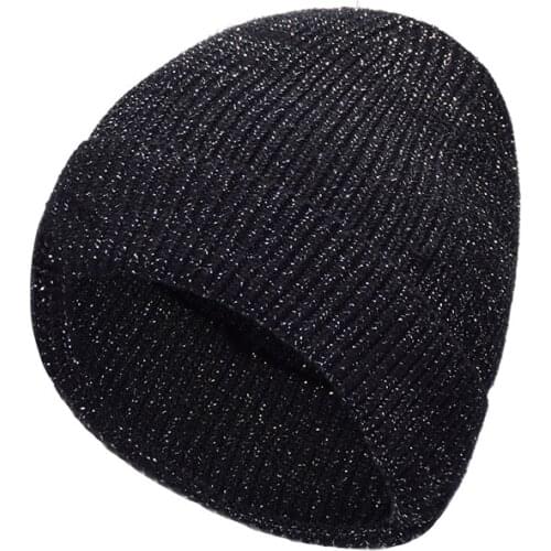 2019 winter Knitted Skullies Warm hats for women Cashmere knit beanie hat female wool Fluffy lining Silver plated yarn