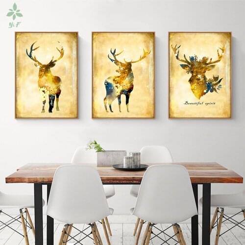 3 Pcs Decor Canvas Elk Print Nordic Abstract Yellow Painting Can For Modern Home Office Wall Decorative