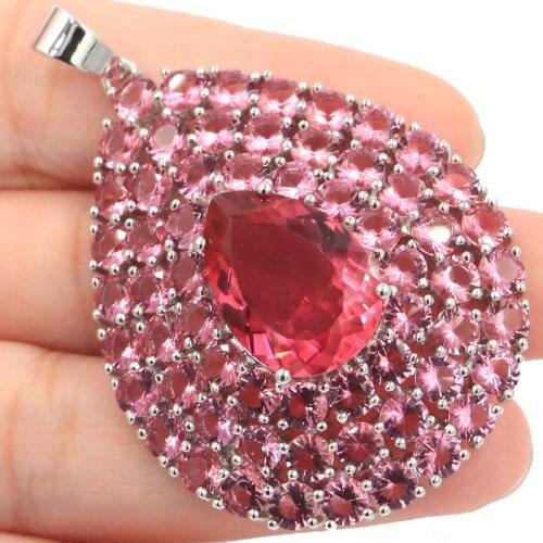 53x37mm Stunning 18x13mm Created Long Big Pink Tourmaline Gift For Ladies Silver Pendant