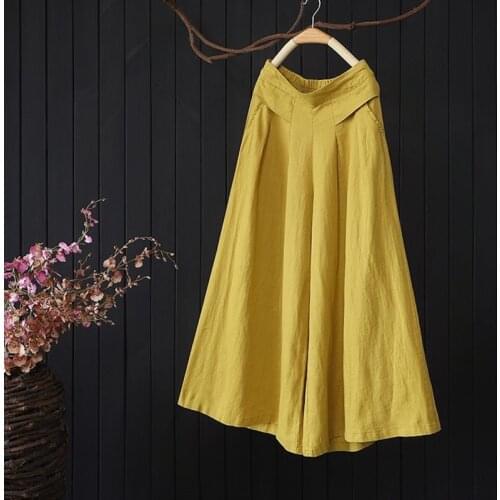 Summer Spring Vintage Womens Stretchy High Waisted Wide Leg Yellow Blue Blue Linen Pants , Woman Casual Beige Trousers